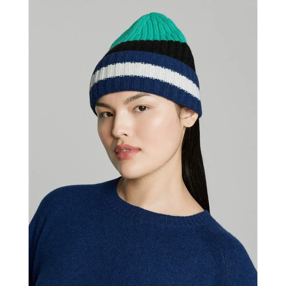 Everlane The Cashmere Unisex Beanie Bright Navy Multi Stripe NWT